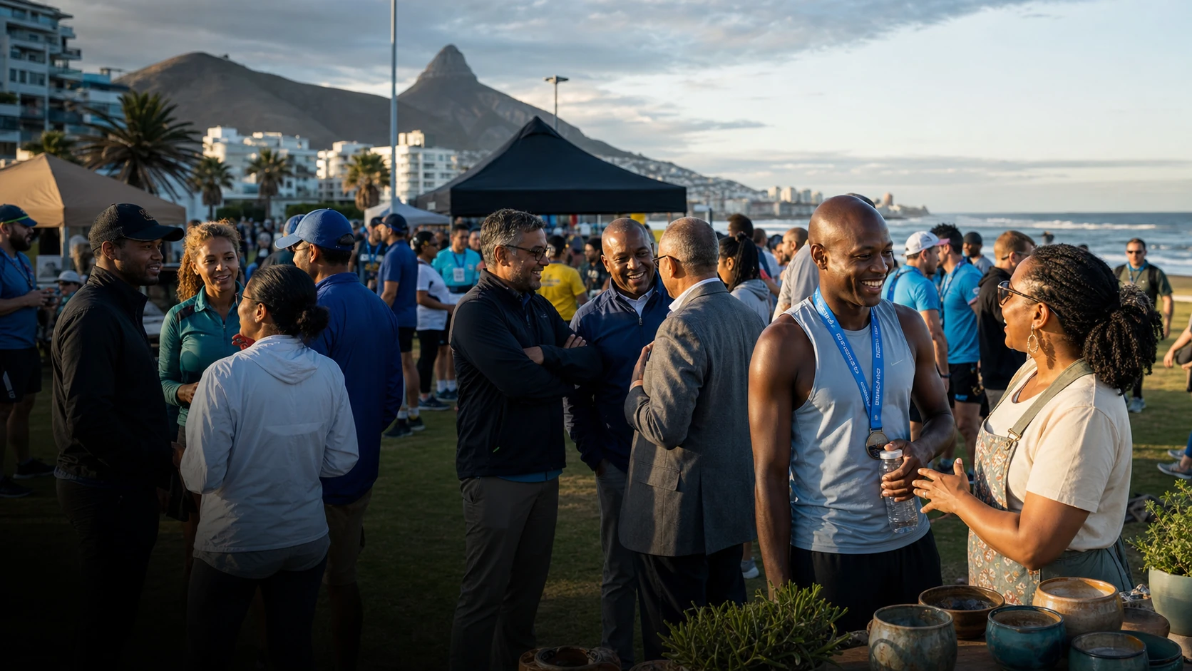 Community participants, event partners, and local enterprise representatives meeting near the Cape Town coast